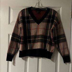 Tahari Plaid V-Neck Sweater - Black, Red, and Tan